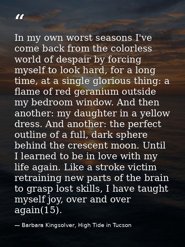 In my own worst seasons I've come back from the colorless world of despair by forcing myself to look hard, for a long ti — Barbara Kingsolver, High Tide in Tucson