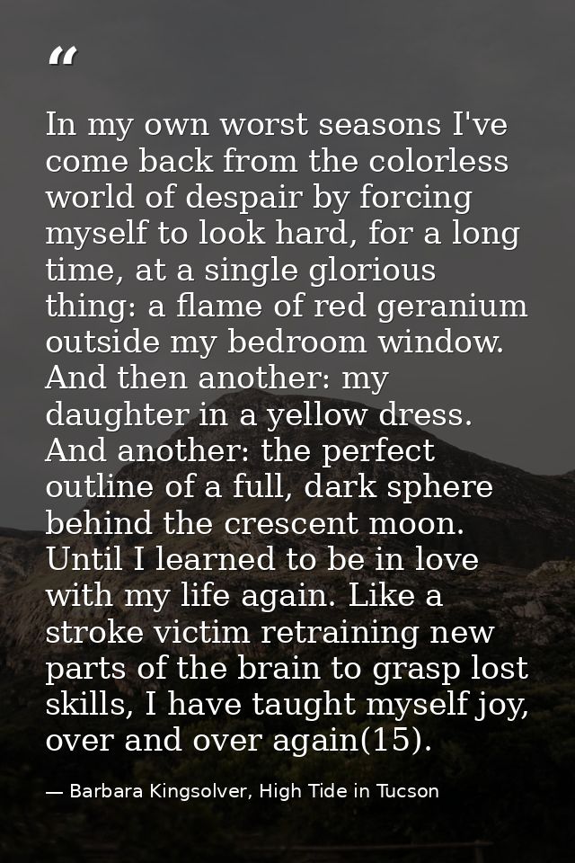 In my own worst seasons I've come back from the colorless world of despair by forcing myself to look hard, for a long ti — Barbara Kingsolver, High Tide in Tucson