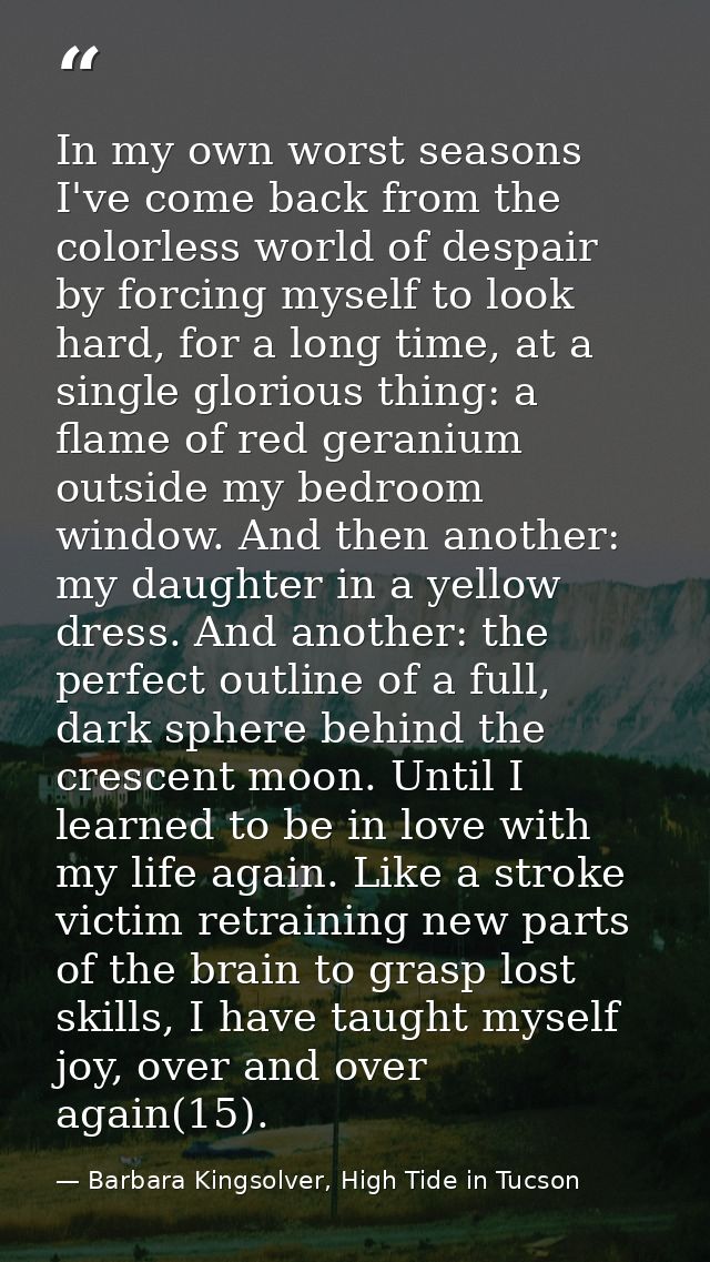 In my own worst seasons I've come back from the colorless world of despair by forcing myself to look hard, for a long ti — Barbara Kingsolver, High Tide in Tucson