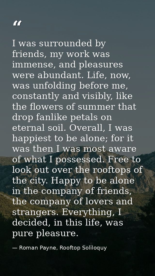 I was surrounded by friends, my work was immense, and pleasures were abundant. Life, now, was unfolding before me, const — Roman Payne, Rooftop Soliloquy
