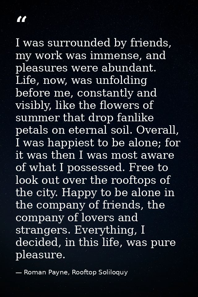 I was surrounded by friends, my work was immense, and pleasures were abundant. Life, now, was unfolding before me, const — Roman Payne, Rooftop Soliloquy