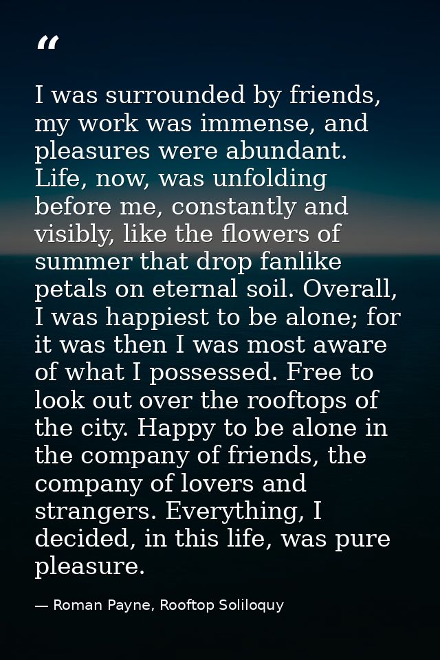I was surrounded by friends, my work was immense, and pleasures were abundant. Life, now, was unfolding before me, const — Roman Payne, Rooftop Soliloquy
