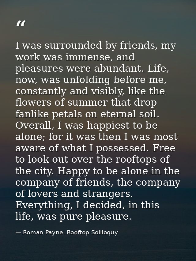 I was surrounded by friends, my work was immense, and pleasures were abundant. Life, now, was unfolding before me, const — Roman Payne, Rooftop Soliloquy