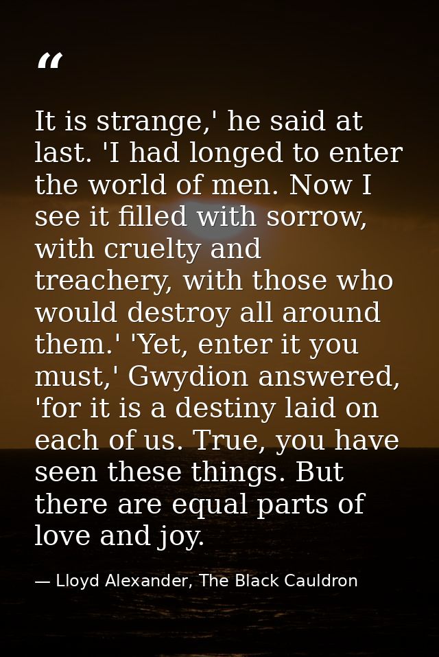 It is strange,' he said at last. 'I had longed to enter the world of men. Now I see it filled with sorrow, with cruelty  — Lloyd Alexander, The Black Cauldron