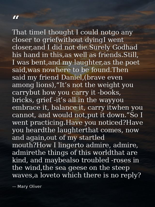 That timeI thought I could notgo any closer to griefwithout dyingI went closer,and I did not die.Surely Godhad his hand  — Mary Oliver