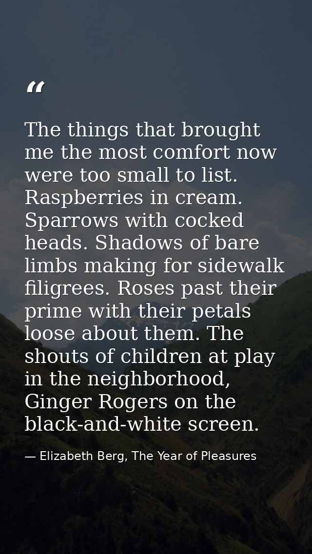 The things that brought me the most comfort now were too small to list. Raspberries in cream. Sparrows with cocked heads — Elizabeth Berg, The Year of Pleasures