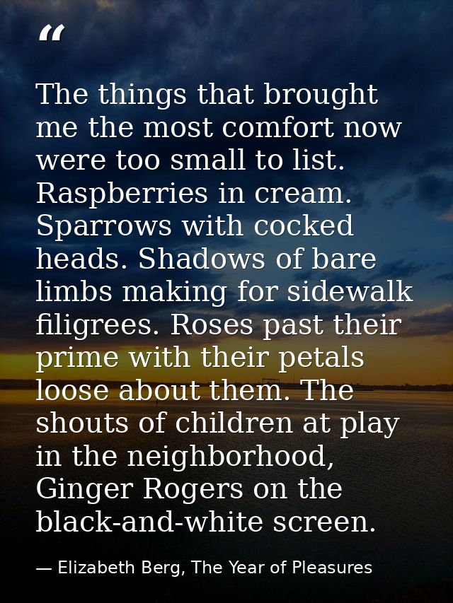 The things that brought me the most comfort now were too small to list. Raspberries in cream. Sparrows with cocked heads — Elizabeth Berg, The Year of Pleasures