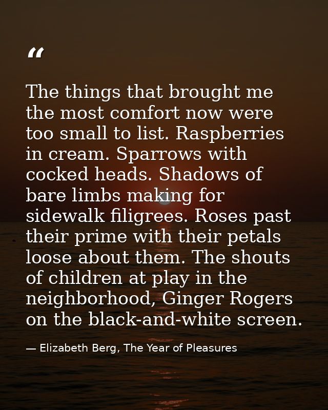 The things that brought me the most comfort now were too small to list. Raspberries in cream. Sparrows with cocked heads — Elizabeth Berg, The Year of Pleasures