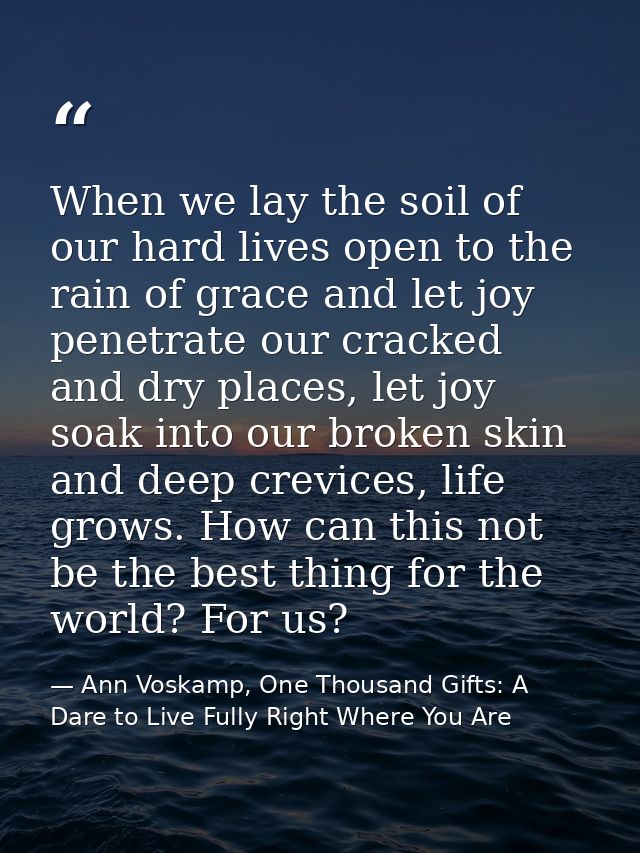 When we lay the soil of our hard lives open to the rain of grace and let joy penetrate our cracked and dry places, let j — Ann Voskamp, One Thousand Gifts: A Dare to Live Fully Right Where You Are