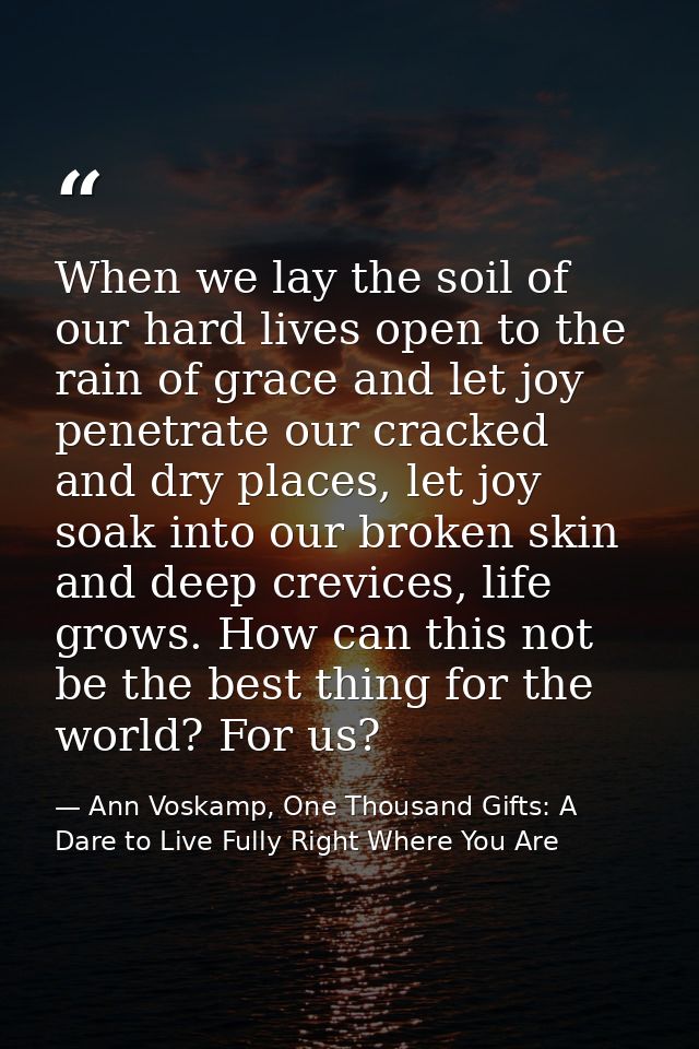 When we lay the soil of our hard lives open to the rain of grace and let joy penetrate our cracked and dry places, let j — Ann Voskamp, One Thousand Gifts: A Dare to Live Fully Right Where You Are