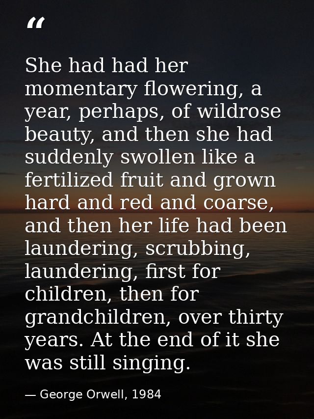 She had had her momentary flowering, a year, perhaps, of wildrose beauty, and then she had suddenly swollen like a ferti — George Orwell, 1984