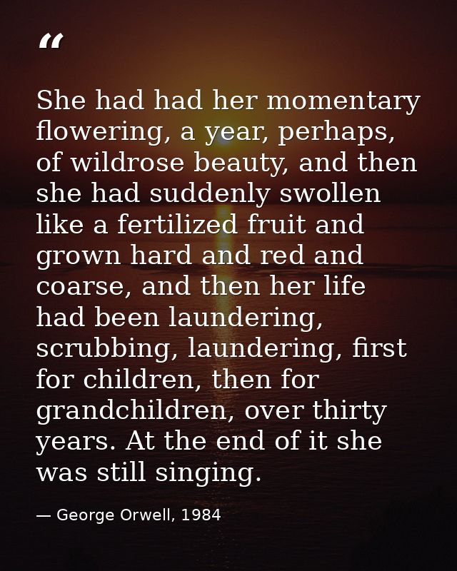 She had had her momentary flowering, a year, perhaps, of wildrose beauty, and then she had suddenly swollen like a ferti — George Orwell, 1984
