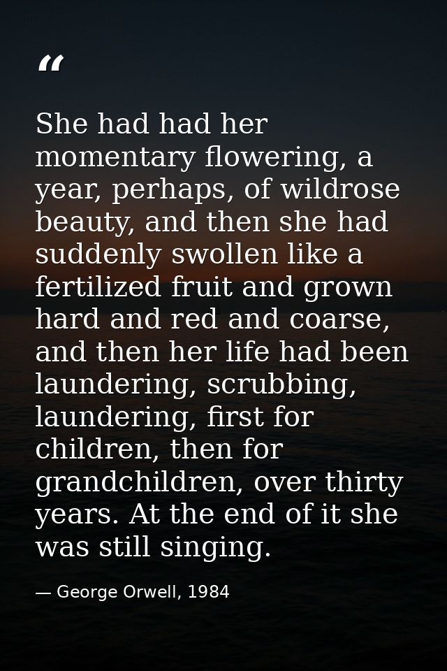 She had had her momentary flowering, a year, perhaps, of wildrose beauty, and then she had suddenly swollen like a ferti — George Orwell, 1984
