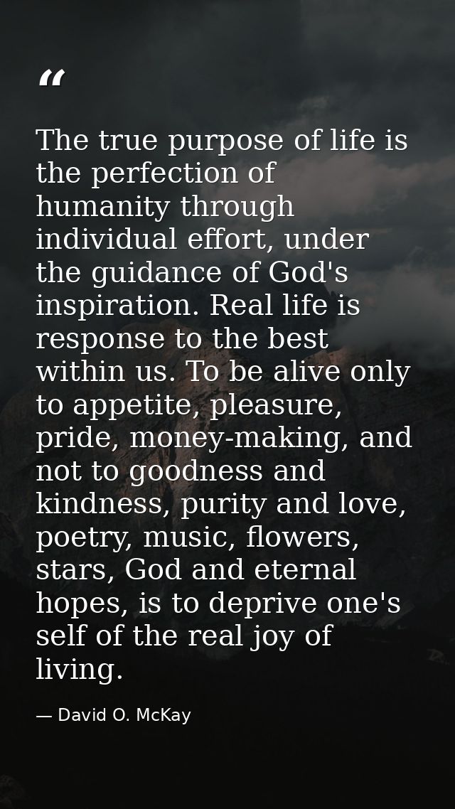 The true purpose of life is the perfection of humanity through individual effort, under the guidance of God's inspiratio — David O. McKay