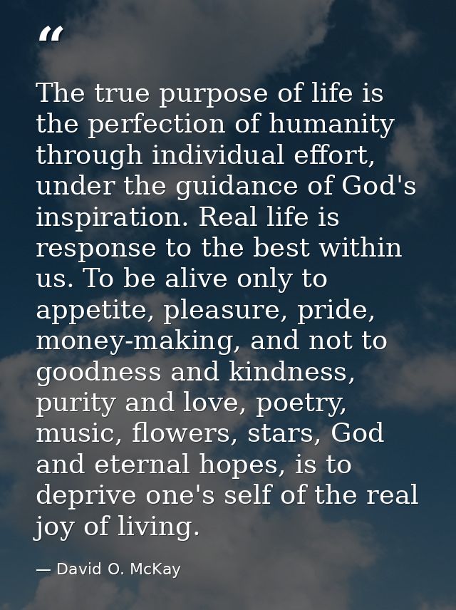 The true purpose of life is the perfection of humanity through individual effort, under the guidance of God's inspiratio — David O. McKay