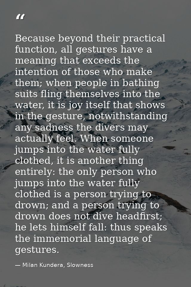Because beyond their practical function, all gestures have a meaning that exceeds the intention of those who make them;  — Milan Kundera, Slowness