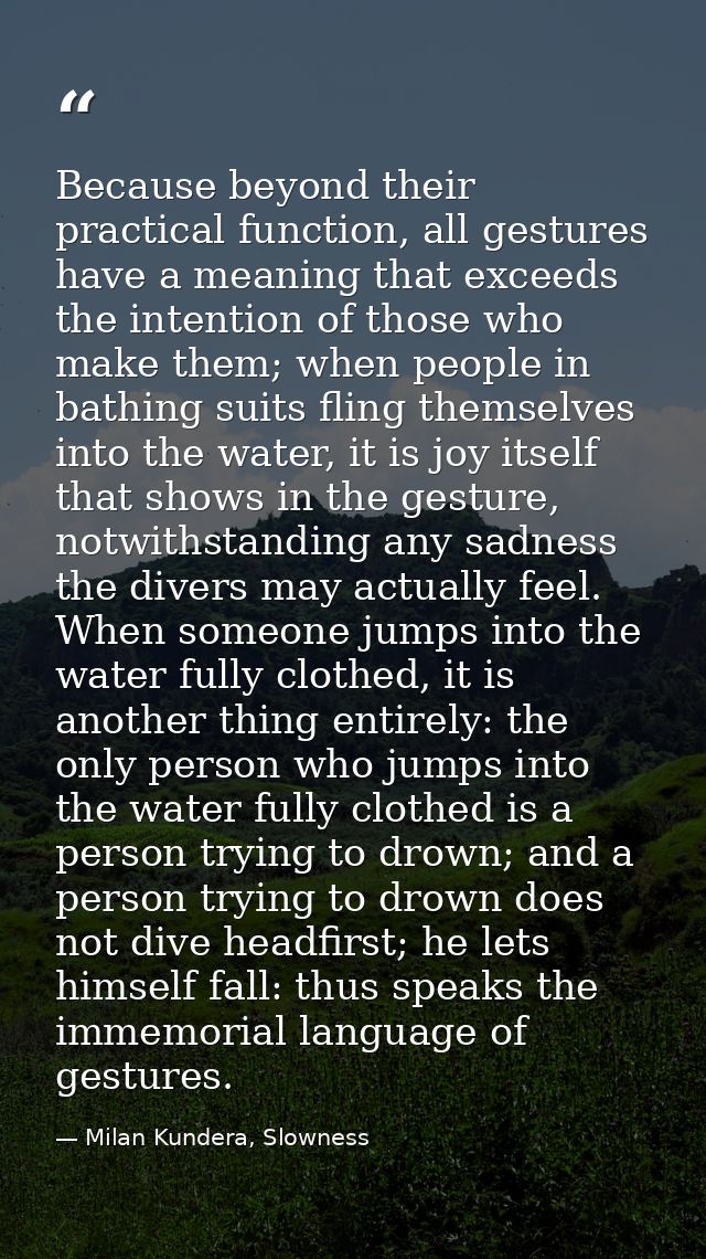 Because beyond their practical function, all gestures have a meaning that exceeds the intention of those who make them;  — Milan Kundera, Slowness