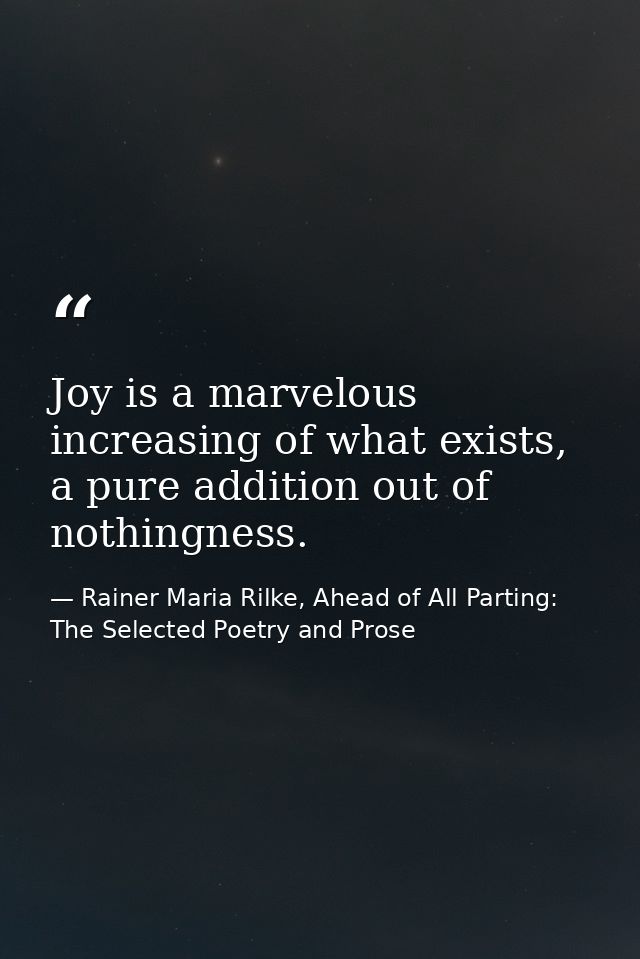 Joy is a marvelous increasing of what exists, a pure addition out of nothingness. — Rainer Maria Rilke, Ahead of All Parting: The Selected Poetry and Prose