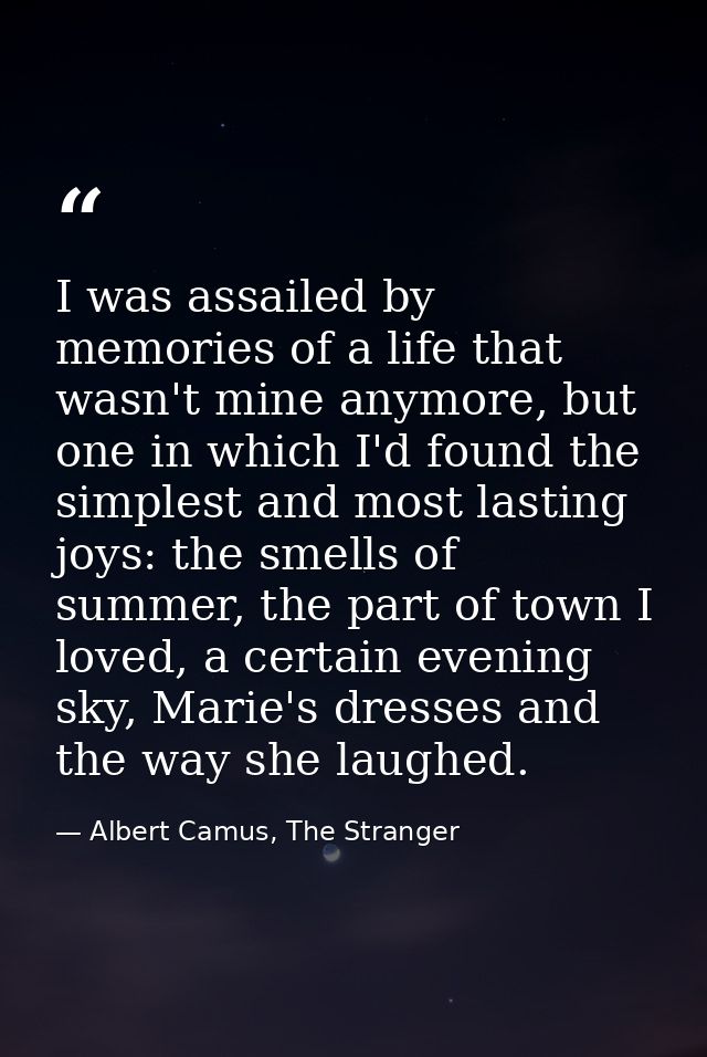 I was assailed by memories of a life that wasn't mine anymore, but one in which I'd found the simplest and most lasting  — Albert Camus, The Stranger