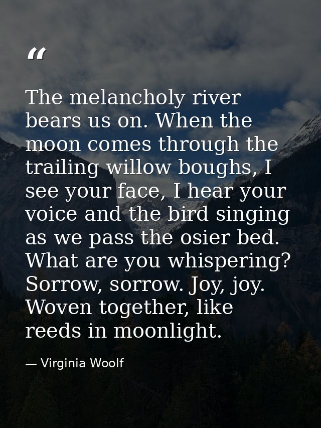 The melancholy river bears us on. When the moon comes through the trailing willow boughs, I see your face, I hear your v — Virginia Woolf