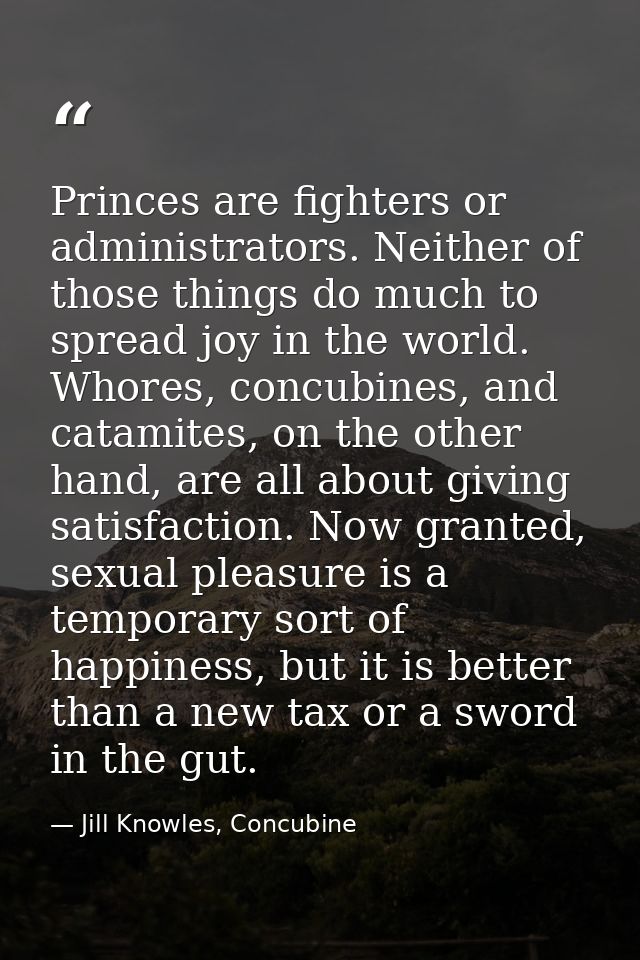 Princes are fighters or administrators. Neither of those things do much to spread joy in the world. Whores, concubines,  — Jill Knowles, Concubine