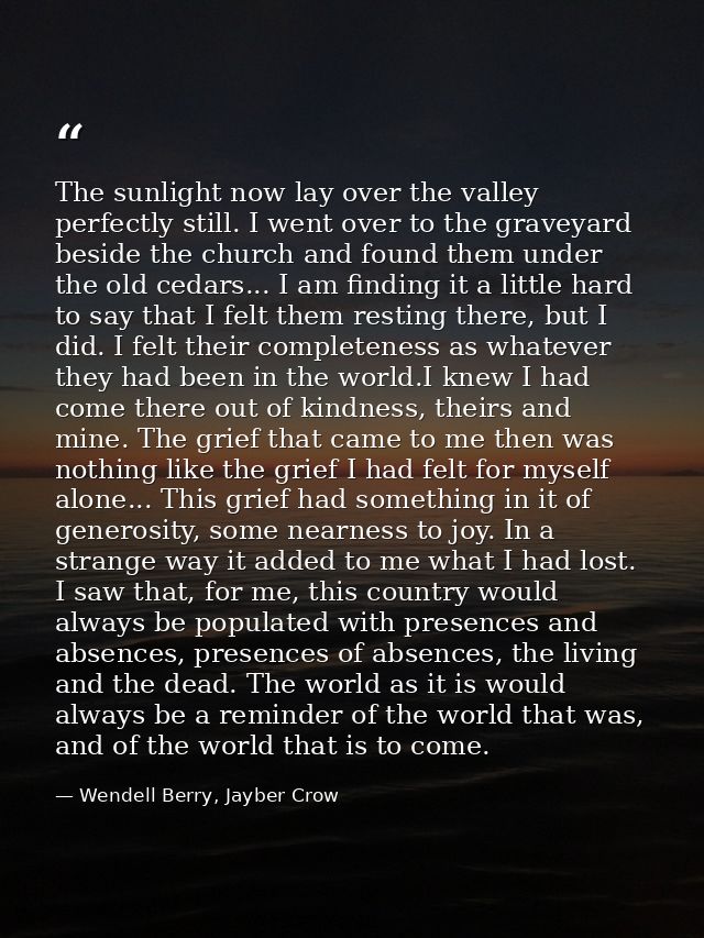 The sunlight now lay over the valley perfectly still. I went over to the graveyard beside the church and found them unde — Wendell Berry, Jayber Crow