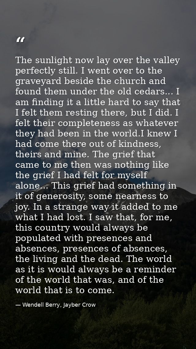 The sunlight now lay over the valley perfectly still. I went over to the graveyard beside the church and found them unde — Wendell Berry, Jayber Crow