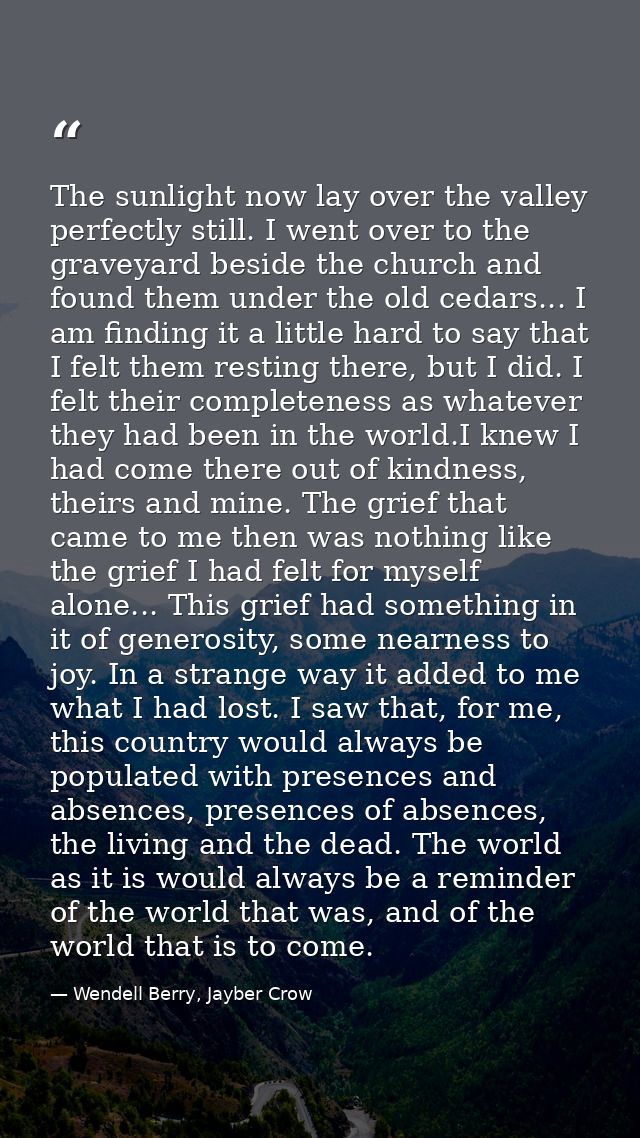 The sunlight now lay over the valley perfectly still. I went over to the graveyard beside the church and found them unde — Wendell Berry, Jayber Crow