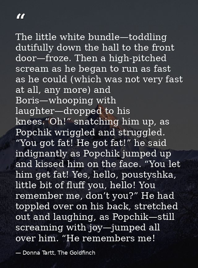 The little white bundle—toddling dutifully down the hall to the front door—froze. Then a high-pitched scream as he began — Donna Tartt, The Goldfinch
