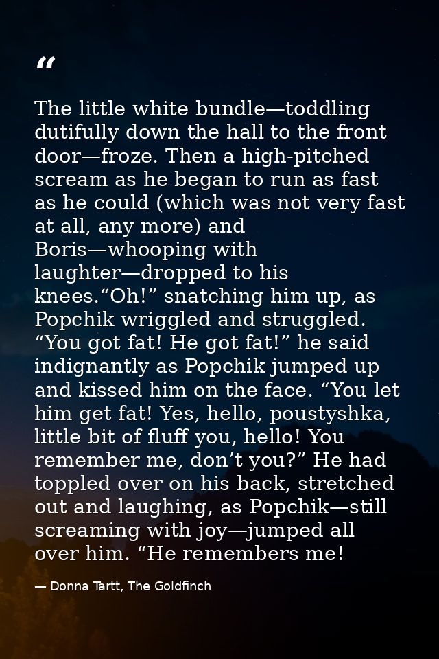 The little white bundle—toddling dutifully down the hall to the front door—froze. Then a high-pitched scream as he began — Donna Tartt, The Goldfinch
