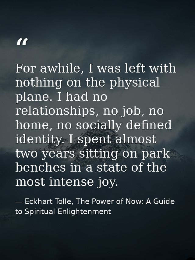 For awhile, I was left with nothing on the physical plane. I had no relationships, no job, no home, no socially defined  — Eckhart Tolle, The Power of Now: A Guide to Spiritual Enlightenment