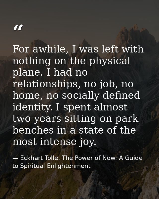 For awhile, I was left with nothing on the physical plane. I had no relationships, no job, no home, no socially defined  — Eckhart Tolle, The Power of Now: A Guide to Spiritual Enlightenment