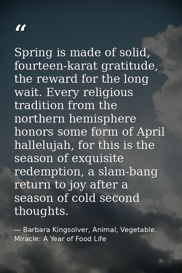 Spring is made of solid, fourteen-karat gratitude, the reward for the long wait. Every religious tradition from the nort — Barbara Kingsolver, Animal, Vegetable, Miracle: A Year of Food Life
