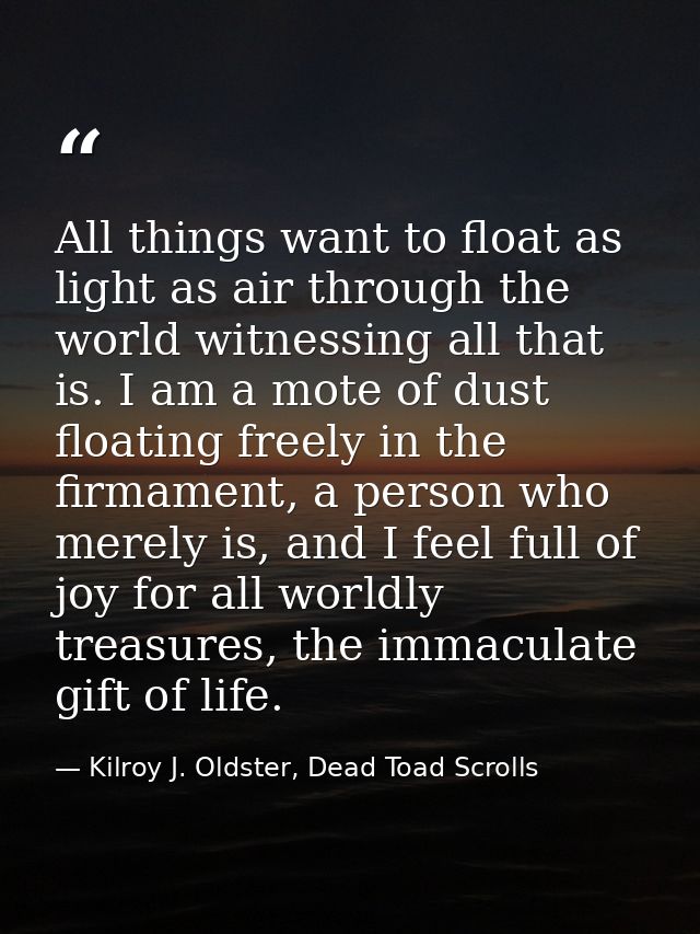 All things want to float as light as air through the world witnessing all that is. I am a mote of dust floating freely i — Kilroy J. Oldster, Dead Toad Scrolls