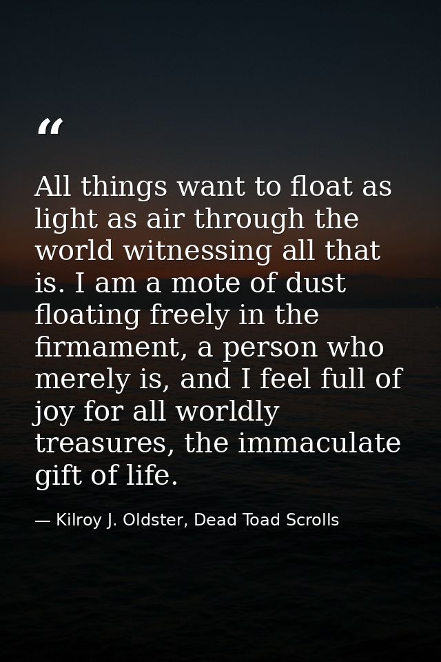 All things want to float as light as air through the world witnessing all that is. I am a mote of dust floating freely i — Kilroy J. Oldster, Dead Toad Scrolls