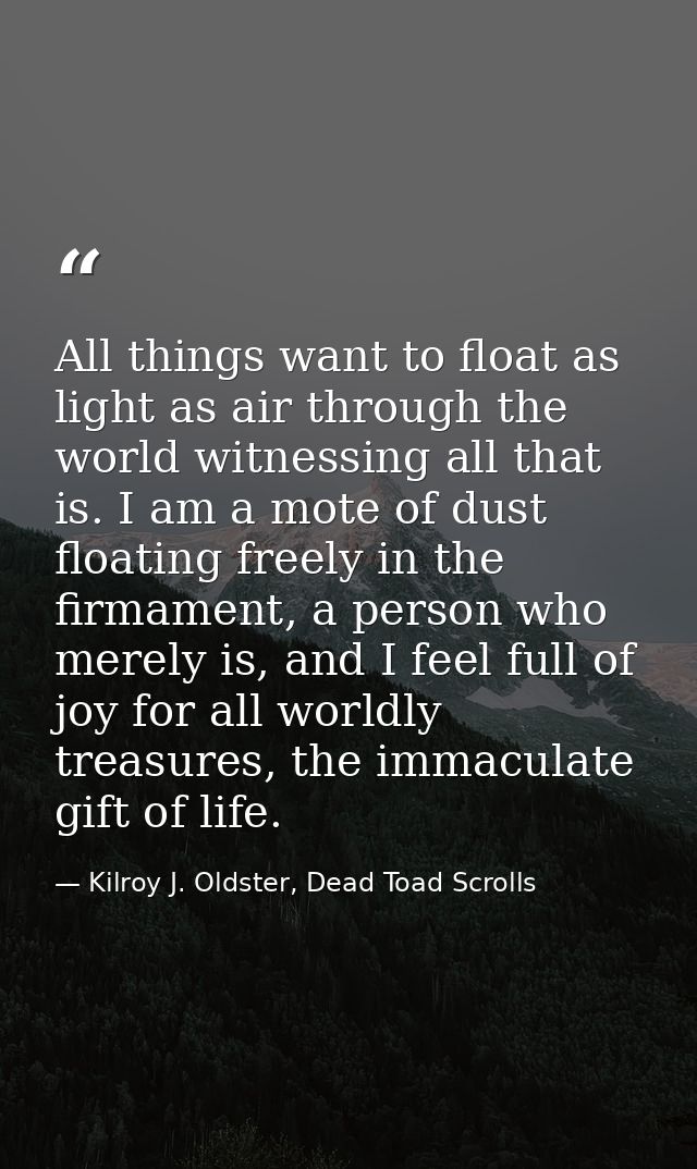 All things want to float as light as air through the world witnessing all that is. I am a mote of dust floating freely i — Kilroy J. Oldster, Dead Toad Scrolls