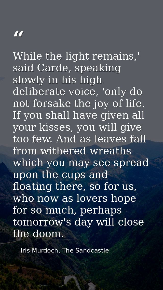 While the light remains,' said Carde, speaking slowly in his high deliberate voice, 'only do not forsake the joy of life — Iris Murdoch, The Sandcastle