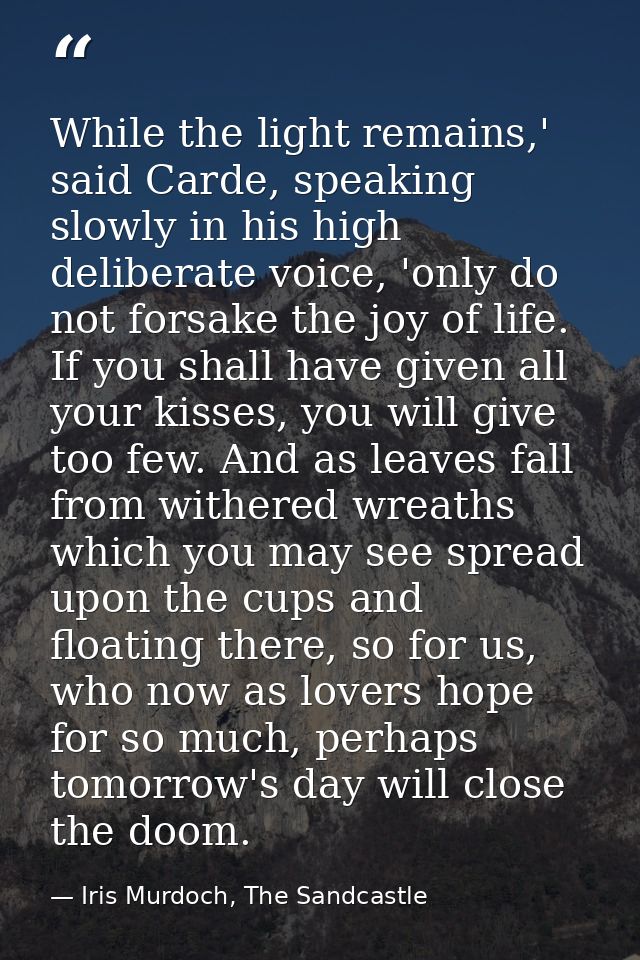 While the light remains,' said Carde, speaking slowly in his high deliberate voice, 'only do not forsake the joy of life — Iris Murdoch, The Sandcastle