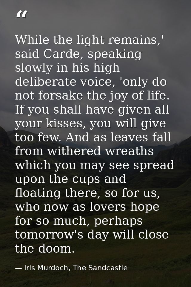 While the light remains,' said Carde, speaking slowly in his high deliberate voice, 'only do not forsake the joy of life — Iris Murdoch, The Sandcastle