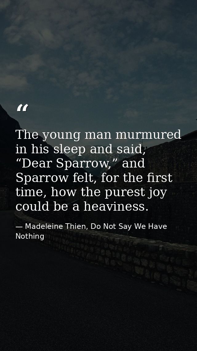 The young man murmured in his sleep and said, “Dear Sparrow,” and Sparrow felt, for the first time, how the purest joy c — Madeleine Thien, Do Not Say We Have Nothing