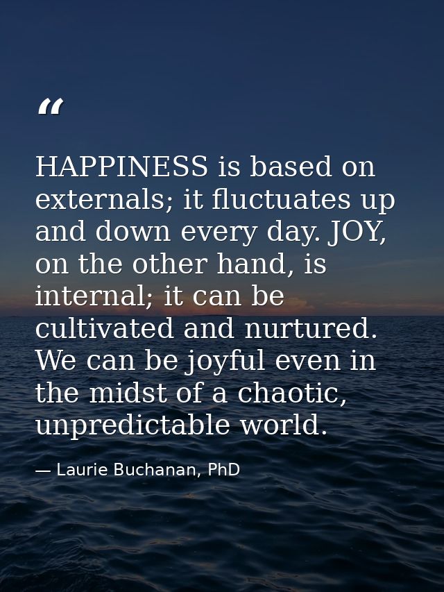 HAPPINESS is based on externals; it fluctuates up and down every day. JOY, on the other hand, is internal; it can be cul — Laurie Buchanan, PhD