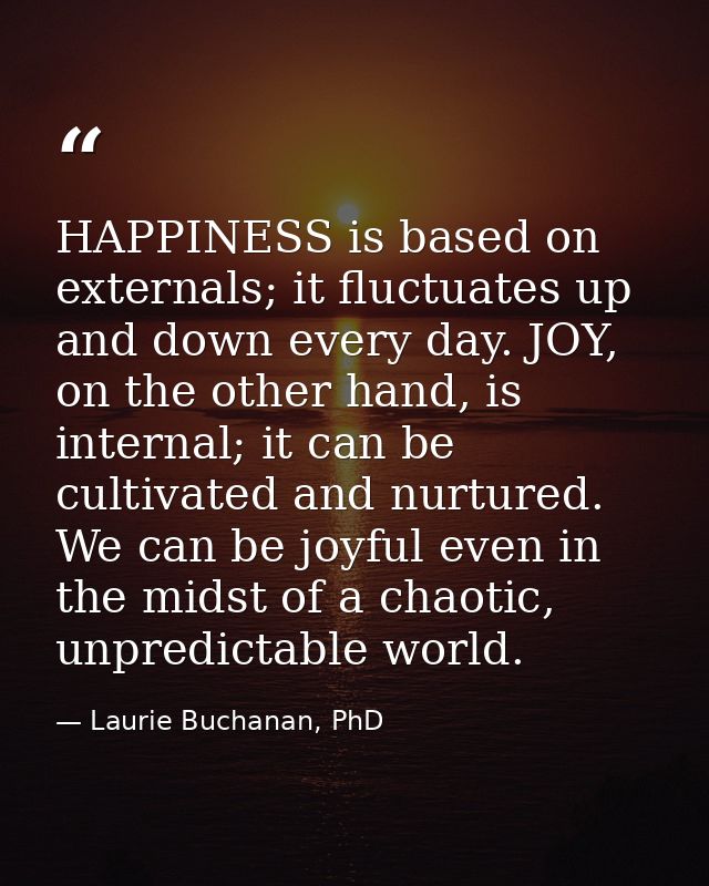 HAPPINESS is based on externals; it fluctuates up and down every day. JOY, on the other hand, is internal; it can be cul — Laurie Buchanan, PhD