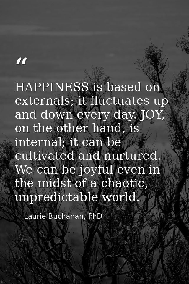 HAPPINESS is based on externals; it fluctuates up and down every day. JOY, on the other hand, is internal; it can be cul — Laurie Buchanan, PhD