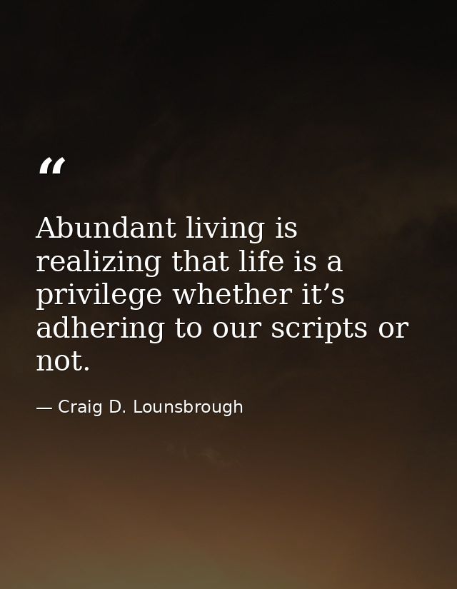 Abundant living is realizing that life is a privilege whether it’s adhering to our scripts or not. — Craig D. Lounsbrough
