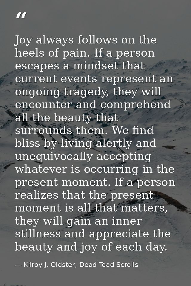 Joy always follows on the heels of pain. If a person escapes a mindset that current events represent an ongoing tragedy, — Kilroy J. Oldster, Dead Toad Scrolls