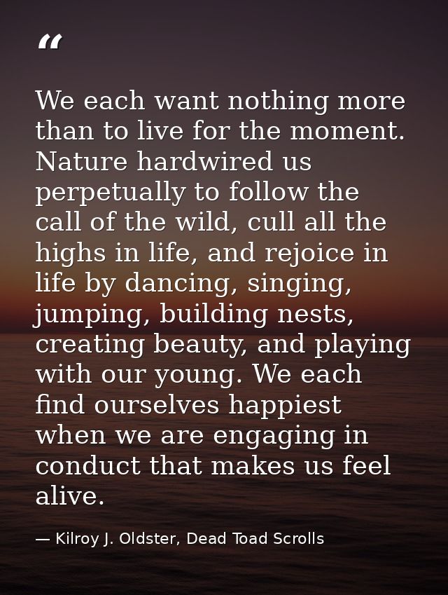 We each want nothing more than to live for the moment. Nature hardwired us perpetually to follow the call of the wild, c — Kilroy J. Oldster, Dead Toad Scrolls