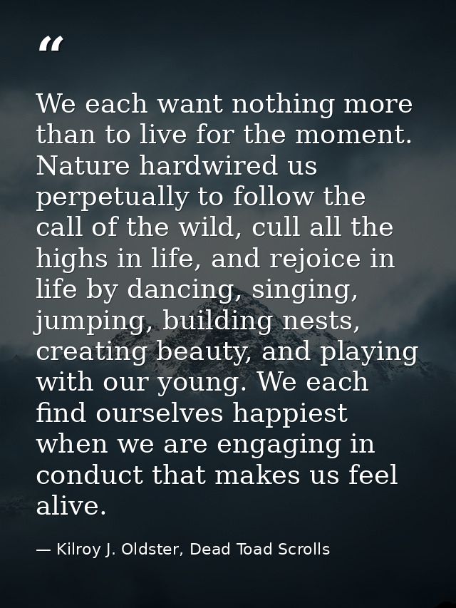 We each want nothing more than to live for the moment. Nature hardwired us perpetually to follow the call of the wild, c — Kilroy J. Oldster, Dead Toad Scrolls