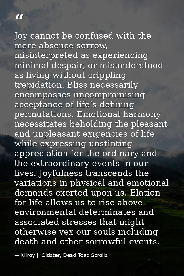 Joy cannot be confused with the mere absence sorrow, misinterpreted as experiencing minimal despair, or misunderstood as — Kilroy J. Oldster, Dead Toad Scrolls