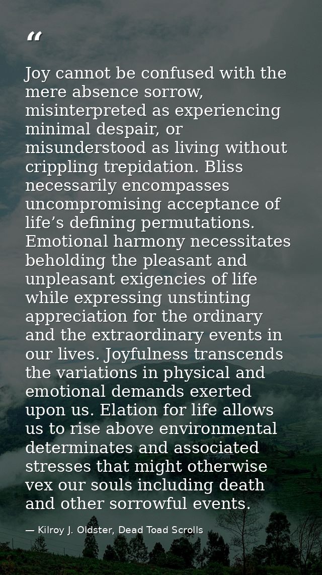 Joy cannot be confused with the mere absence sorrow, misinterpreted as experiencing minimal despair, or misunderstood as — Kilroy J. Oldster, Dead Toad Scrolls