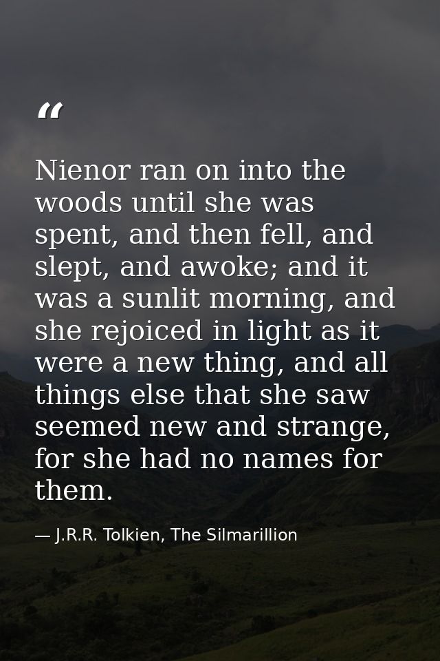 Nienor ran on into the woods until she was spent, and then fell, and slept, and awoke; and it was a sunlit morning, and  — J.R.R. Tolkien, The Silmarillion